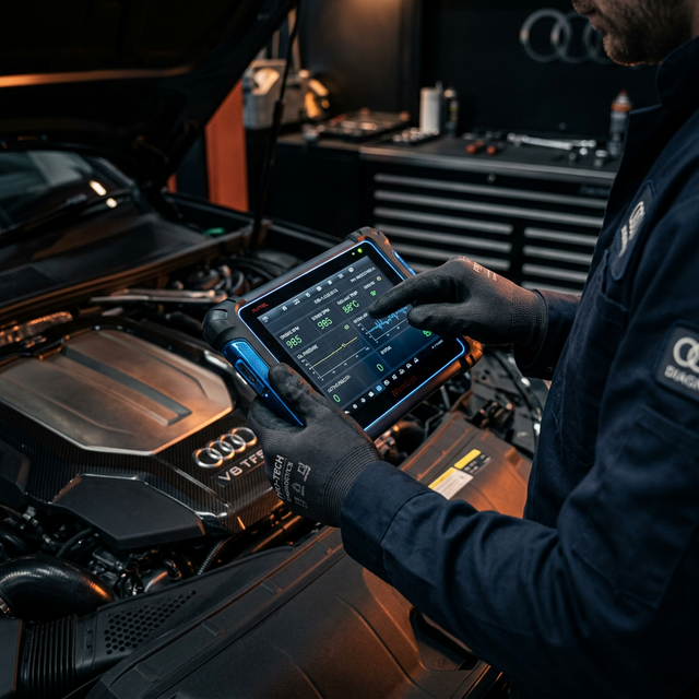 Mekanik Pitcar memegang tablet diagnostik canggih